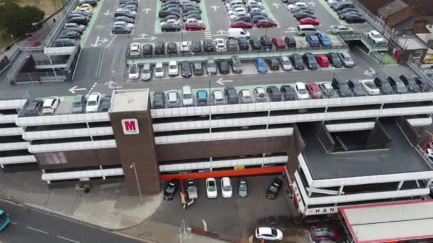Aerial View High Angle Footage Modern Car Park Building Roof — Stock Video