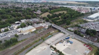Aerial View of City Centre and Buildings at Luton Town of England from Central Railway Station of UK, Drone's High Angle Editorial Footage.