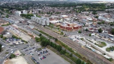 Aerial View of City Centre and Buildings at Luton Town of England from Central Railway Station of UK, Drone's High Angle Editorial Footage.