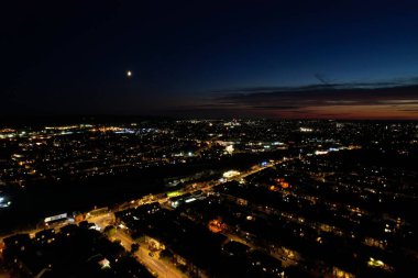 Beautiful High Angle View of Luton Town of England at Night, Drone's footage after sunset