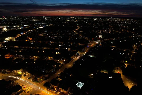 Beautiful High Angle View of Luton Town of England at Night, Drone's footage after sunset