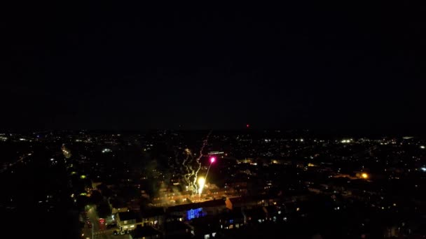 Live Fireworks Aerial View Illuminated British City Roads Night — Wideo stockowe