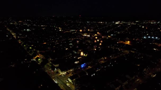 Live Fireworks Aerial View Illuminated British City Roads Night — Stock Video