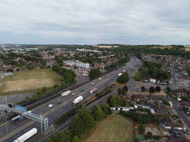 Aerial view of British Motorways M1 Junction 11, The M1 motorway connects London to Leeds, where it joins the A1 near Aberford, to connect to Newcastle. It was the first inter urban motorway