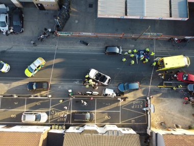Car Accident Drone's Footage, Leagrave road which was closed due to accident, i flew the drone and saw many police, fire and ambulance vehicles, the white audi car was cut into pieces, ripped off the roof and doors to take out passenger from car.
