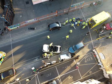 Car Accident Drone's Footage, Leagrave road which was closed due to accident, i flew the drone and saw many police, fire and ambulance vehicles, the white audi car was cut into pieces, ripped off the roof and doors to take out passenger from car.