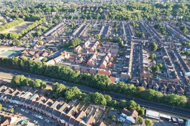 High Angle Drone's View of Luton City Center and Railway Station, Luton England. Luton is town and borough with unitary authority status, in the ceremonial county of Bedfordshire