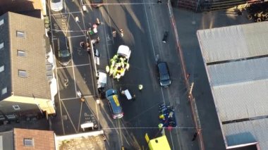 car accident, Police, ambulance, fire, Lady Driver, Drone's footage, aerial view, high angle editorial footage