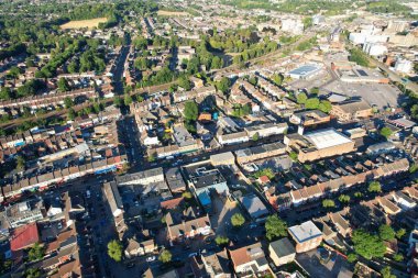 High Angle Drone's View of Luton City Center and Railway Station, Luton England. Luton is town and borough with unitary authority status, in the ceremonial county of Bedfordshire