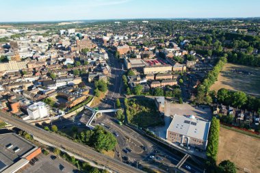 High Angle Drone's View of Luton City Center and Railway Station, Luton England. Luton is town and borough with unitary authority status, in the ceremonial county of Bedfordshire