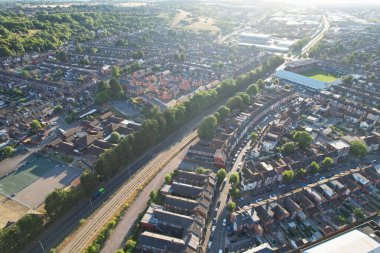 High Angle Drone's View of Luton City Center and Railway Station, Luton England. Luton is town and borough with unitary authority status, in the ceremonial county of Bedfordshire