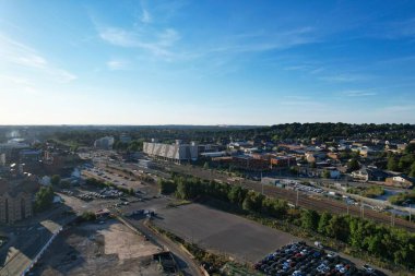 High Angle Drone's View of Luton City Center and Railway Station, Luton England. Luton is town and borough with unitary authority status, in the ceremonial county of Bedfordshire