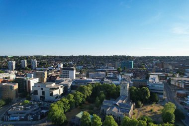High Angle Drone's View of Luton City Center and Railway Station, Luton England. Luton is town and borough with unitary authority status, in the ceremonial county of Bedfordshire
