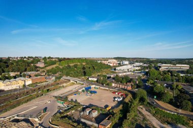 High Angle Drone's View of Luton City Center and Railway Station, Luton England. Luton is town and borough with unitary authority status, in the ceremonial county of Bedfordshire