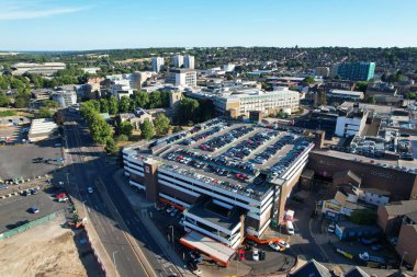 High Angle Drone's View of Luton City Center and Railway Station, Luton England. Luton is town and borough with unitary authority status, in the ceremonial county of Bedfordshire
