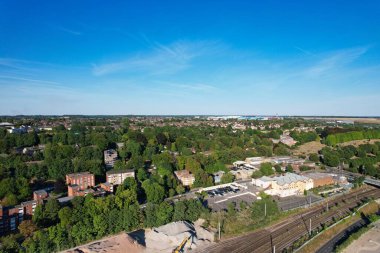 High Angle Drone's View of Luton City Center and Railway Station, Luton England. Luton is town and borough with unitary authority status, in the ceremonial county of Bedfordshire