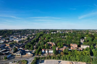 High Angle Drone's View of Luton City Center and Railway Station, Luton England. Luton is town and borough with unitary authority status, in the ceremonial county of Bedfordshire