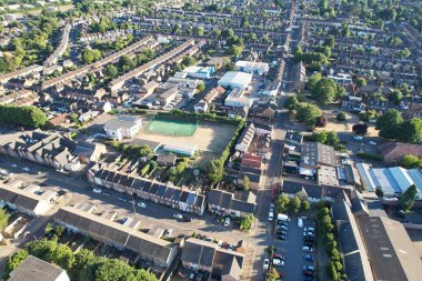 High Angle Drone's View of Luton City Center and Railway Station, Luton England. Luton is town and borough with unitary authority status, in the ceremonial county of Bedfordshire