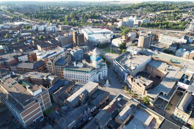 High Angle Drone's View of Luton City Center and Railway Station, Luton England. Luton is town and borough with unitary authority status, in the ceremonial county of Bedfordshire