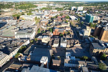 High Angle Drone's View of Luton City Center and Railway Station, Luton England. Luton is town and borough with unitary authority status, in the ceremonial county of Bedfordshire