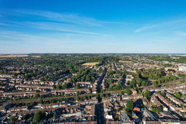 High Angle Drone's View of Luton City Center and Railway Station, Luton England. Luton is town and borough with unitary authority status, in the ceremonial county of Bedfordshire
