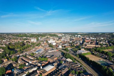 High Angle Drone's View of Luton City Center and Railway Station, Luton England. Luton is town and borough with unitary authority status, in the ceremonial county of Bedfordshire