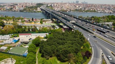 aerial view of the city, Roads and Bridge over bosphorus river Istanbul