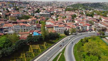 aerial view of the city, Roads and Bridge over bosphorus river Istanbul