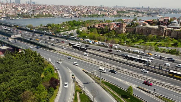 Aerial View City Roads Bridge Bosphorus River Istanbul – stockfoto
