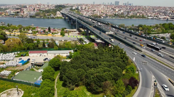 Aerial View City Roads Bridge Bosphorus River Istanbul — Fotografia de Stock