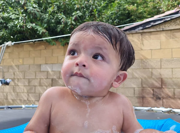 Year Old Asian Baby Boy Enjoying Water Tub — Foto Stock