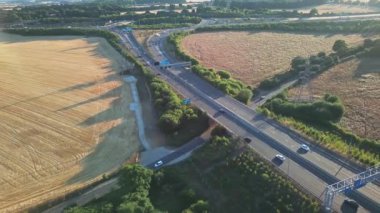 High Angle View of Luton Airport Junction Interchange of Motorways M1 J10 at Luton City of England UK. it is Connection Luton City and London Luton Airport Image Created on 11th August 2022 with Drone