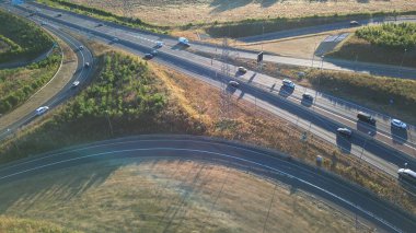 High Angle View of Luton Airport Junction Interchange of Motorways M1 J10 at Luton City of England UK. it is Connection Luton City and London Luton Airport Image Created on 11th August 2022 with Drone