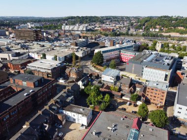 High Angle View of Luton City Centre and Buildings, The town is situated on the River Lea, about 30 miles (50 km) north-north-west of London. Images Taken on 11th August 2022 with Drone