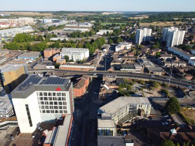 High Angle View of Luton City Centre and Buildings, The town is situated on the River Lea, about 30 miles (50 km) north-north-west of London. Images Taken on 11th August 2022 with Drone