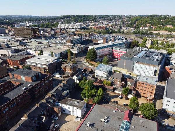 High Angle View of Luton City Centre and Buildings, The town is situated on the River Lea, about 30 miles (50 km) north-north-west of London. Images Taken on 11th August 2022 with Drone
