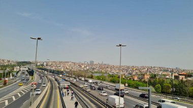 Beautiful View of Istanbul City of Turkey from Motorways Bridge. The Bosphorus Strait or Bosporus Strait is a natural strait and an internationally significant waterway located in north-western Turkey.