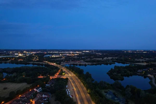 Aerial View Illuminated British City Highway Roads Night England — Stockfoto