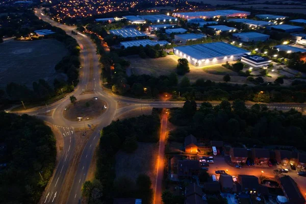 Aerial View Illuminated British City Highway Roads Night England — Zdjęcie stockowe
