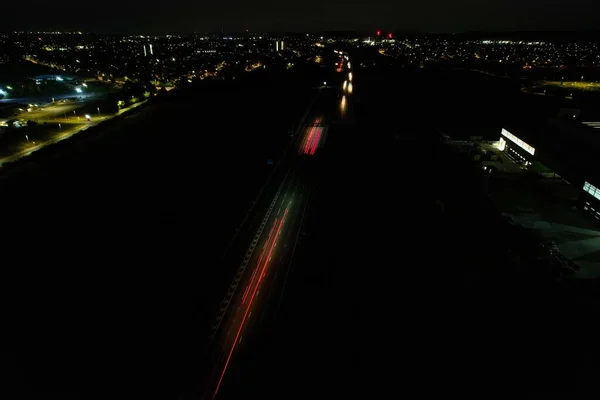 Aerial View Illuminated British City Highway Roads Night England — Fotografia de Stock