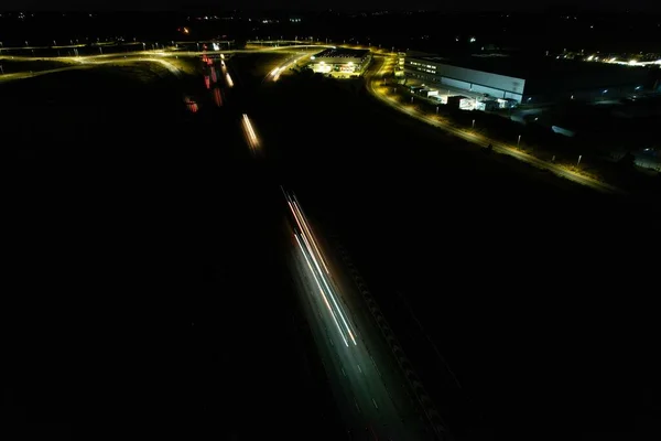 Aerial View Illuminated British City Highway Roads Night England — 스톡 사진