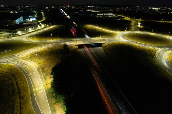 Aerial View Illuminated British City Highway Roads Night England — 스톡 사진