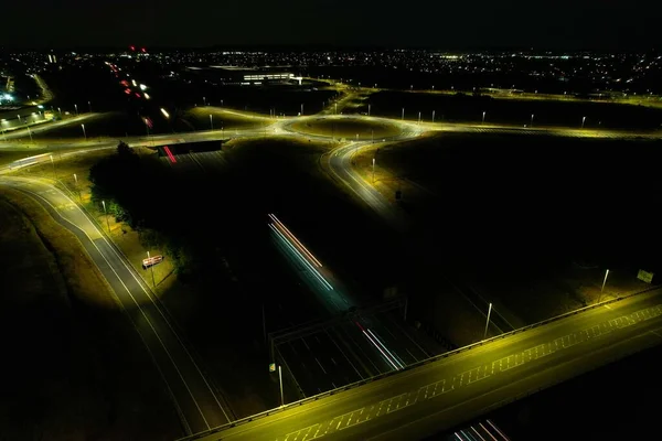 Aerial View Illuminated British City Highway Roads Night England — 스톡 사진
