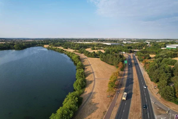 Aerial View Caldecotte Lake Sunset Beautiful Lake Split Sides Drone — Foto de Stock