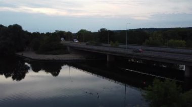 Beautiful Aerial View of Caldecotte Lake and Surroundings of Milton Keynes City of England UK, Drone's High Angle Footage, Sunrise, Morning Time