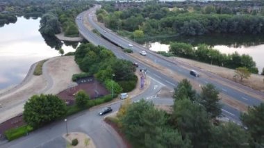 Beautiful Aerial View of Caldecotte Lake and Surroundings of Milton Keynes City of England UK, Drone's High Angle Footage, Sunrise, Morning Time