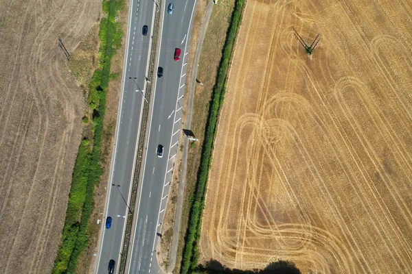 High Angle View British Motorways Highways Passing Beautiful Landscape Agricultural — Zdjęcie stockowe