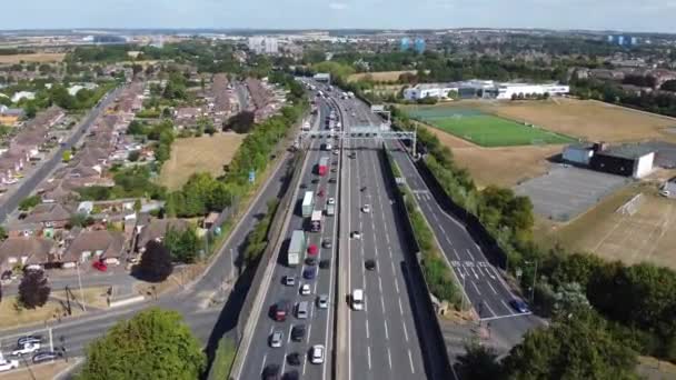 Aerial View British Motorways Traffic Peak Time High Angle Footage — Stock video
