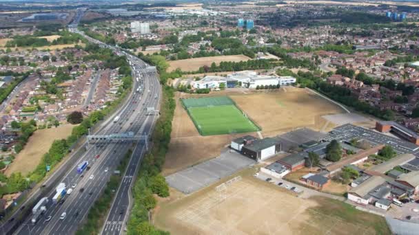 Aerial View British Motorways Traffic Peak Time High Angle Footage — Vídeos de Stock