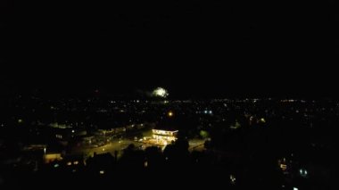 Night Aerial View of Illuminated British City. Drone's Footage of Luton Town of England at Night